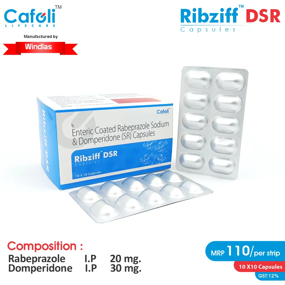 Domperidone + Rabeprazole Ribziff DSR Capsule at best price in PCD Pharma Franchise for nausea relief and acid reduction.